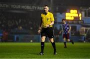 18 April 2025; Referee Damien MacGraith during the SSE Airtricity Men's Premier Division match between Drogheda United and Shelbourne at Sullivan & Lambe Park in Drogheda, Louth. Photo by Ben McShane/Sportsfile