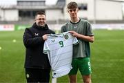 24 April 2025; Republic of Ireland head coach Derek O'Brien with Luke Doolan of Republic of Ireland before the Centenary Shield match between Republic of Ireland and England at Athlone Town Stadium in Lissywollen, Westmeath. Photo by Ben McShane/Sportsfile