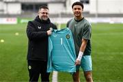 24 April 2025; Republic of Ireland head coach Derek O'Brien with Republic of Ireland goalkeeper Kyle Gabbidon before the Centenary Shield match between Republic of Ireland and England at Athlone Town Stadium in Lissywollen, Westmeath. Photo by Ben McShane/Sportsfile