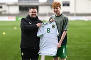 24 April 2025; Republic of Ireland head coach Derek O'Brien with Adam Brennan of Republic of Ireland before the Centenary Shield match between Republic of Ireland and England at Athlone Town Stadium in Lissywollen, Westmeath. Photo by Ben McShane/Sportsfile