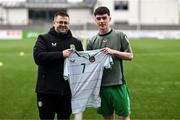 24 April 2025; Republic of Ireland head coach Derek O'Brien with Callum Lynch of Republic of Ireland before the Centenary Shield match between Republic of Ireland and England at Athlone Town Stadium in Lissywollen, Westmeath. Photo by Ben McShane/Sportsfile