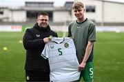 24 April 2025; Republic of Ireland head coach Derek O'Brien with Billy Regan of Republic of Ireland before the Centenary Shield match between Republic of Ireland and England at Athlone Town Stadium in Lissywollen, Westmeath. Photo by Ben McShane/Sportsfile
