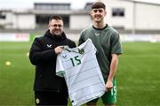 24 April 2025; Republic of Ireland head coach Derek O'Brien with Adam Nolan of Republic of Ireland before the Centenary Shield match between Republic of Ireland and England at Athlone Town Stadium in Lissywollen, Westmeath. Photo by Ben McShane/Sportsfile