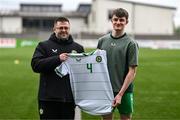 24 April 2025; Republic of Ireland head coach Derek O'Brien with Daniel Cunningham of Republic of Ireland before the Centenary Shield match between Republic of Ireland and England at Athlone Town Stadium in Lissywollen, Westmeath. Photo by Ben McShane/Sportsfile