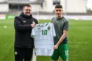 24 April 2025; Republic of Ireland head coach Derek O'Brien with Rhys Knight of Republic of Ireland before the Centenary Shield match between Republic of Ireland and England at Athlone Town Stadium in Lissywollen, Westmeath. Photo by Ben McShane/Sportsfile