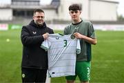 24 April 2025; Republic of Ireland head coach Derek O'Brien with Aaron Cass of Republic of Ireland before the Centenary Shield match between Republic of Ireland and England at Athlone Town Stadium in Lissywollen, Westmeath. Photo by Ben McShane/Sportsfile