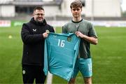 24 April 2025; Republic of Ireland head coach Derek O'Brien with Republic of Ireland goalkeeper MacDaragh Scanlon before the Centenary Shield match between Republic of Ireland and England at Athlone Town Stadium in Lissywollen, Westmeath. Photo by Ben McShane/Sportsfile