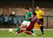 25 April 2025; Shane Griffin of Cobh Ramblers in action against Dara McGuinness of Finn Harps during the SSE Airtricity Men's First Division match between Cobh Ramblers and Finn Harps at St Colman's Park in Cobh, Cork. Photo by Michael P Ryan/Sportsfile