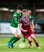 25 April 2025; Niall O'Keeffe of Cobh Ramblers in action against Gavin McAteer of Finn Harps during the SSE Airtricity Men's First Division match between Cobh Ramblers and Finn Harps at St Colman's Park in Cobh, Cork. Photo by Michael P Ryan/Sportsfile