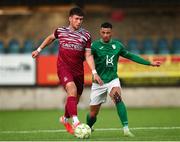 25 April 2025; David Bosjnak of Cobh Ramblers in action against Michael Place of Finn Harps during the SSE Airtricity Men's First Division match between Cobh Ramblers and Finn Harps at St Colman's Park in Cobh, Cork. Photo by Michael P Ryan/Sportsfile