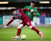25 April 2025; Luka Le Bervet of Cobh Ramblers in action against Patrick Ferry of Finn Harps during the SSE Airtricity Men's First Division match between Cobh Ramblers and Finn Harps at St Colman's Park in Cobh, Cork. Photo by Michael P Ryan/Sportsfile