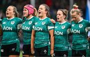 26 April 2025; Ireland players during the anthems before the Women's Six Nations Rugby Championship match between Scotland and Ireland at Hive Stadium in Edinburgh, Scotland. Photo by Paul Devlin/Sportsfile
