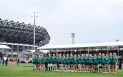 26 April 2025; Ireland players during the anthems before the Women's Six Nations Rugby Championship match between Scotland and Ireland at Hive Stadium in Edinburgh, Scotland. Photo by Paul Devlin/Sportsfile