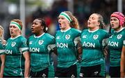 26 April 2025; Ireland players during the anthems before the Women's Six Nations Rugby Championship match between Scotland and Ireland at Hive Stadium in Edinburgh, Scotland. Photo by Paul Devlin/Sportsfile