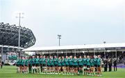 26 April 2025; Ireland players during the anthems before the Women's Six Nations Rugby Championship match between Scotland and Ireland at Hive Stadium in Edinburgh, Scotland. Photo by Paul Devlin/Sportsfile