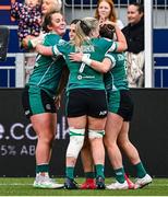 26 April 2025; Amee-Leigh Costigan of Ireland, centre, celebrates with teammates after scoring her side's first try in the Women's Six Nations Rugby Championship match between Scotland and Ireland at Hive Stadium in Edinburgh, Scotland. Photo by Paul Devlin/Sportsfile