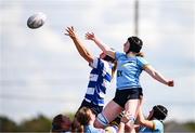 26 April 2025; Niamh Goggin of Athy wins possession in the lineout against Aine Corbally of UCD during the Flood Plate Final match between Athy and UCD during the Leinster Rugby Girls Finals Day at Mullingar RFC in Mullingar, Westmeath. Photo by Ben McShane/Sportsfile