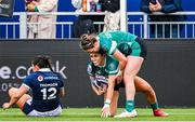 26 April 2025; Amee-Leigh Costigan of Ireland celebrates scoring her side's first try during the Women's Six Nations Rugby Championship match between Scotland and Ireland at Hive Stadium in Edinburgh, Scotland. Photo by Paul Devlin/Sportsfile