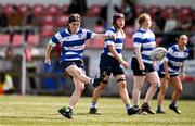 26 April 2025; Elizabeth Brophy of Athy kicks a penalty during the Flood Plate Final match between Athy and UCD during the Leinster Rugby Girls Finals Day at Mullingar RFC in Mullingar, Westmeath. Photo by Ben McShane/Sportsfile
