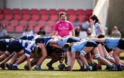 26 April 2025; A general view of a scrum during the Flood Plate Final match between Athy and UCD during the Leinster Rugby Girls Finals Day at Mullingar RFC in Mullingar, Westmeath. Photo by Ben McShane/Sportsfile