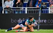 26 April 2025; Amee-Leigh Costigan of Ireland scores her side's first try during the Women's Six Nations Rugby Championship match between Scotland and Ireland at Hive Stadium in Edinburgh, Scotland. Photo by Paul Devlin/Sportsfile