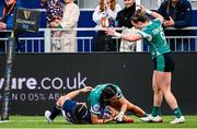 26 April 2025; Amee-Leigh Costigan of Ireland scores her side's first try during the Women's Six Nations Rugby Championship match between Scotland and Ireland at Hive Stadium in Edinburgh, Scotland. Photo by Paul Devlin/Sportsfile