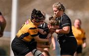 26 April 2025; Amanda Sherican of Longford is tackled by Eimear Keaveny of Ashbourne in the Cusack Plate Final match between Longford and Ashbourne during the Leinster Rugby Girls Finals Day at Mullingar RFC in Mullingar, Westmeath. Photo by Ben McShane/Sportsfile