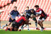 26 April 2025; Josh Murphy of Connacht is tackled by Asenathi Ntlabakanye of Emirates Lions and Bronson Mills of Emirates Lions during the United Rugby Championship match between Emirates Lions and Connacht at Emirates Airline Park in Johannesburg, South Africa. Photo by Shaun Roy/Sportsfile