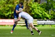 26 April 2025; Walter Walsh of Leinster is tackled by Eddie Keys of Ulster during the Junior Interprovincial Rugby Championship round one match between Leinster and Ulster at Gorey RFC in Gorey, Wexford. Photo by Matt Browne/Sportsfile