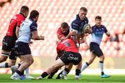26 April 2025; Sean Jansen of Connacht is tackled by Emirates Lions captain Jaco Visagie and JC Pretorius of Emirates Lions during the United Rugby Championship match between Emirates Lions and Connacht at Emirates Airline Park in Johannesburg, South Africa. Photo by Shaun Roy/Sportsfile