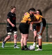 26 April 2025; Naoise Smyth of Ashbourne is congratulated by teammate Keela Walsh Fagherazzi, left, after scoring a try in the Cusack Plate Final match between Longford and Ashbourne during the Leinster Rugby Girls Finals Day at Mullingar RFC in Mullingar, Westmeath. Photo by Ben McShane/Sportsfile