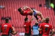 26 April 2025; Ruan Delport of Emirates Lions is held up by Morgan Naude of Emirates Lions as he takes the restart ball during the United Rugby Championship match between Emirates Lions and Connacht at Emirates Airline Park in Johannesburg, South Africa. Photo by Shaun Roy/Sportsfile