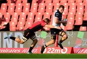 26 April 2025; Connacht captain Cian Prendergast is tackled by Renzo du Plessis of Emirates Lions during the United Rugby Championship match between Emirates Lions and Connacht at Emirates Airline Park in Johannesburg, South Africa. Photo by Shaun Roy/Sportsfile