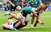 26 April 2025; Claire Boles of Ireland in action against Lana Skeldon of Scotland during the Women's Six Nations Rugby Championship match between Scotland and Ireland at Hive Stadium in Edinburgh, Scotland. Photo by Paul Devlin/Sportsfile