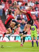 26 April 2025; Piers O'Conor of Connacht, centre, contests a high ball against Quan Horn, left, and JC Pretorius of Emirates Lions during the United Rugby Championship match between Emirates Lions and Connacht at Emirates Airline Park in Johannesburg, South Africa. Photo by Shaun Roy/Sportsfile