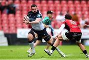 26 April 2025; Paul Boyle of Connacht attempts to get past Bronson Mills of Emirates Lions during the United Rugby Championship match between Emirates Lions and Connacht at Emirates Airline Park in Johannesburg, South Africa. Photo by Shaun Roy/Sportsfile