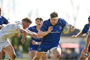 26 April 2025; Graham Reynolds of Leinster is tackled by Jonny Hunter of Ulster during the Junior Interprovincial Rugby Championship round one match between Leinster and Ulster at Gorey RFC in Gorey, Wexford. Photo by Matt Browne/Sportsfile
