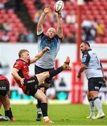 26 April 2025; Joe Joyce of Connacht fails to block a clearance kick by Morne van den Berg of Emirates Lions during the United Rugby Championship match between Emirates Lions and Connacht at Emirates Airline Park in Johannesburg, South Africa. Photo by Shaun Roy/Sportsfile