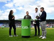 26 April 2025; GAA+ with presenter Aisling O'Reilly and pundits, from left, former Kilkenny hurler Richie Hogan, former Cork hurler Eoin Cadogan and former Waterford hurler Noel Connors before the Leinster GAA Hurling Senior Championship Round 2 match between Dublin and Wexford at Parnell Park in Dublin. Photo by David Fitzgerald/Sportsfile