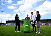 26 April 2025; GAA+ with presenter Aisling O'Reilly and pundits, from left, former Kilkenny hurler Richie Hogan, former Cork hurler Eoin Cadogan and former Waterford hurler Noel Connors before the Leinster GAA Hurling Senior Championship Round 2 match between Dublin and Wexford at Parnell Park in Dublin. Photo by David Fitzgerald/Sportsfile