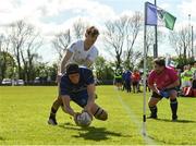 26 April 2025; Jake Caldbeck of Leinster scores a try during the Junior Interprovincial Rugby Championship round one match between Leinster and Ulster at Gorey RFC in Gorey, Wexford. Photo by Matt Browne/Sportsfile