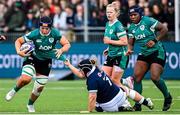 26 April 2025; Brittany Hogan of Ireland evades the tackle of Jade Konkel of Scotland during the Women's Six Nations Rugby Championship match between Scotland and Ireland at Hive Stadium in Edinburgh, Scotland. Photo by Paul Devlin/Sportsfile