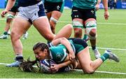 26 April 2025; Emily Lane of Ireland scores her side's third try during the Women's Six Nations Rugby Championship match between Scotland and Ireland at Hive Stadium in Edinburgh, Scotland. Photo by Paul Devlin/Sportsfile