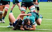 26 April 2025; Emily Lane of Ireland scores her side's third try during the Women's Six Nations Rugby Championship match between Scotland and Ireland at Hive Stadium in Edinburgh, Scotland. Photo by Paul Devlin/Sportsfile