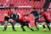 26 April 2025; Connacht captain Cian Prendergast is tackled by Morgan Naude of Emirates Lions during the United Rugby Championship match between Emirates Lions and Connacht at Emirates Airline Park in Johannesburg, South Africa. Photo by Shaun Roy/Sportsfile