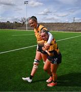 26 April 2025; Naoise Smyth, left, and Katie Reddington of Ashbourne celebrate after their side's victory in the Cusack Plate Final match between Longford and Ashbourne during the Leinster Rugby Girls Finals Day at Mullingar RFC in Mullingar, Westmeath. Photo by Ben McShane/Sportsfile