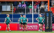 26 April 2025; Ireland players look on dejected after Francesca McGhie of Scotland scored the winning try during the Women's Six Nations Rugby Championship match between Scotland and Ireland at Hive Stadium in Edinburgh, Scotland. Photo by Paul Devlin/Sportsfile