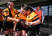 26 April 2025; Ashbourne captains Keela Walsh Fagherazzi, right, and Laura Scuffil celebrate with the Plate after the Cusack Plate Final match between Longford and Ashbourne during the Leinster Rugby Girls Finals Day at Mullingar RFC in Mullingar, Westmeath. Photo by Ben McShane/Sportsfile