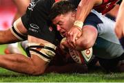26 April 2025; Eoin de Buitléar of Connacht dives over to score Connacht’s first try during the United Rugby Championship match between Emirates Lions and Connacht at Emirates Airline Park in Johannesburg, South Africa. Photo by Shaun Roy/Sportsfile
