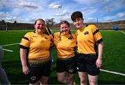 26 April 2025; Ashbourne players, from left, Alanah Loftus Delaney, Emily Doyle and Rebecca Blake celebrate after their side's victory in the Cusack Plate Final match between Longford and Ashbourne during the Leinster Rugby Girls Finals Day at Mullingar RFC in Mullingar, Westmeath. Photo by Ben McShane/Sportsfile